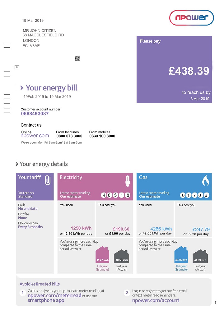 United Kingdom Npower utility bill template, fully editable in PSD format